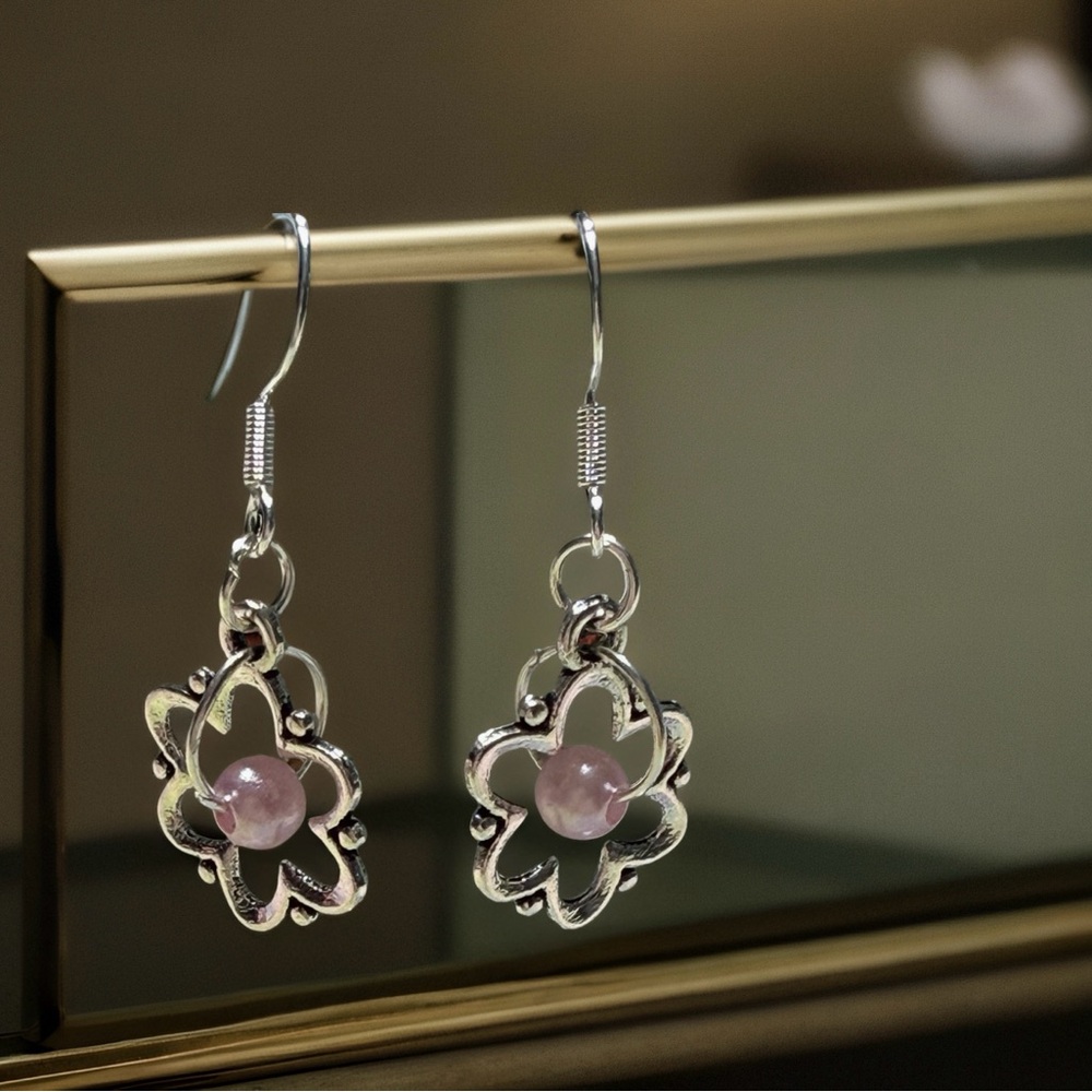 Hand Crafted Silver Flower Drop Earrings with Pink Centers - Picture 5 of 7